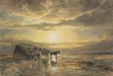 Landscapes Painting - Loading the catch on the Berwick coast Samuel Bough beach